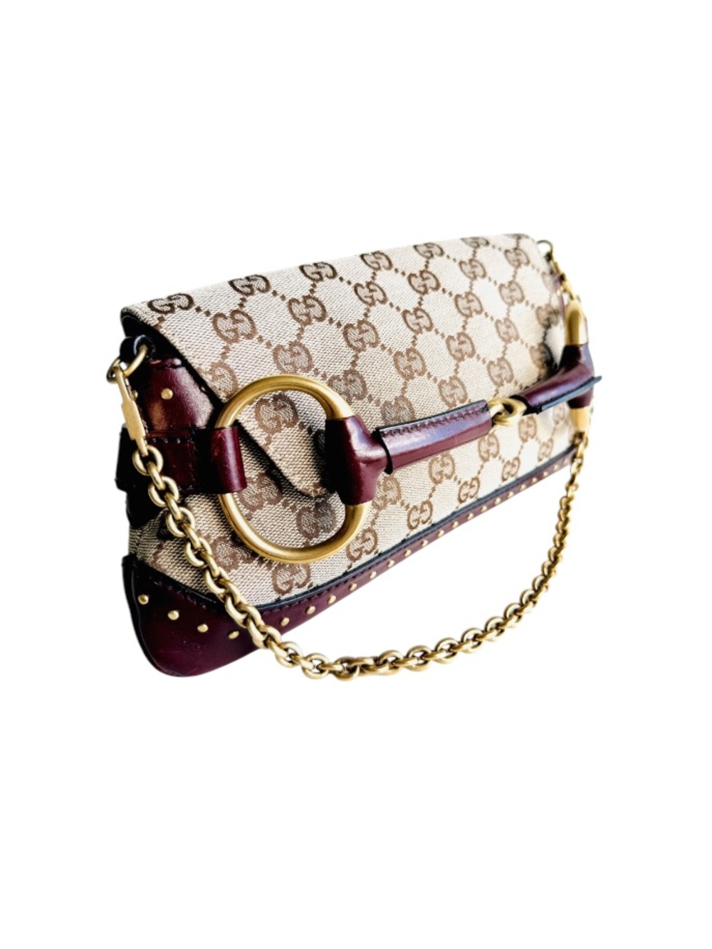 Gucci Horsebit Bag Tom Ford Era Vintage GG Canvas Clutch on Chain Burgundy - Picture 12 of 12